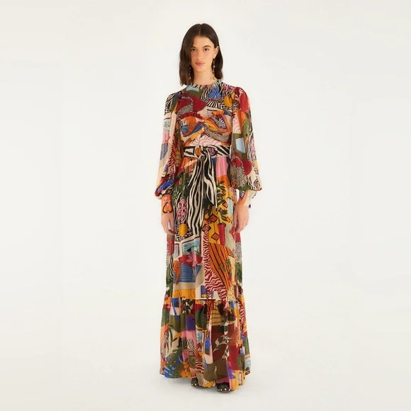 Farm Rio Tropical Multicolor Long Sleeve Maxi Dress - Picture 1 of 8